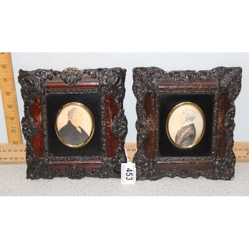 453 - A pair of early Victorian watercolour and pencil portrait miniatures in highly decorative frames, na... 