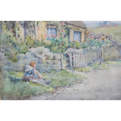 463 - Emily Stannard (British 1875-1907) watercolour of a young girl near a rural cottage, signed lower le... 