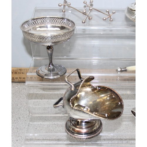 1041 - Qty of assorted interesting antique and later silver plated items to inc an egg cruet, an unusual mo... 