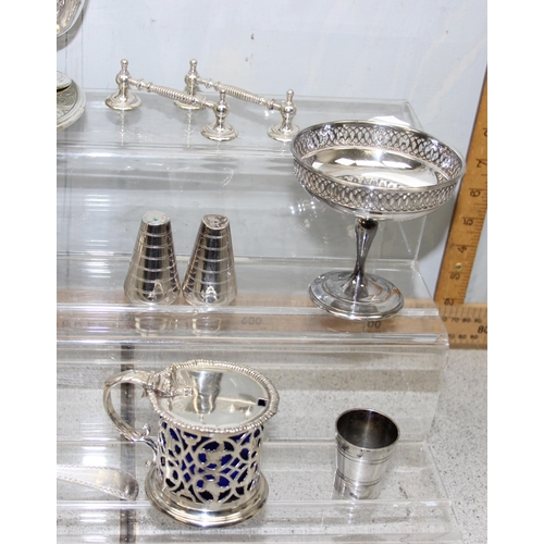 1041 - Qty of assorted interesting antique and later silver plated items to inc an egg cruet, an unusual mo... 