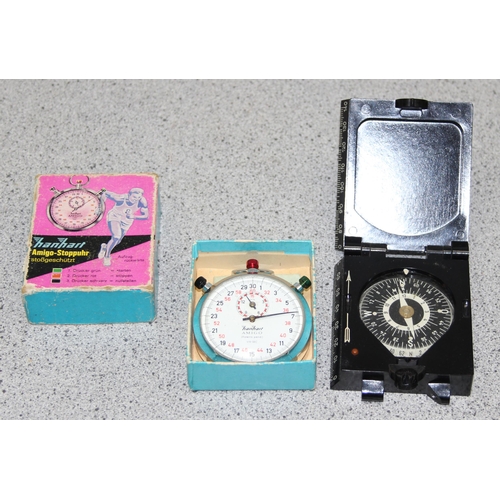 1314 - A vintage HanHart Amigo stopwatch in original box and a GKS compass