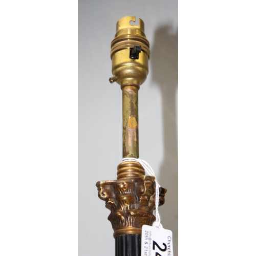 245 - A vintage tall brass Corinthian column standard lamp with black japanned contrasting column, approx ... 