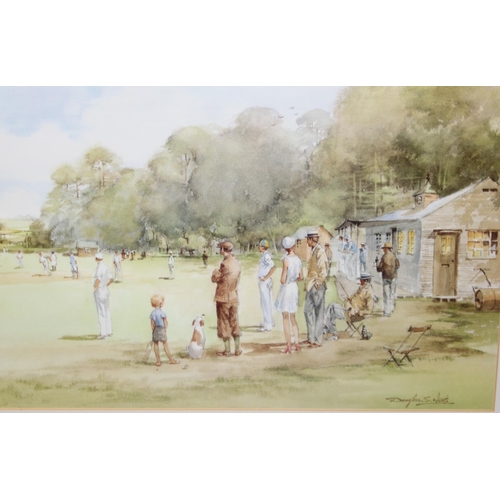 444 - Large pine framed and mounted cricket print entitled ‘Pavilion End’ by artist Douglas E West. 60cm x... 