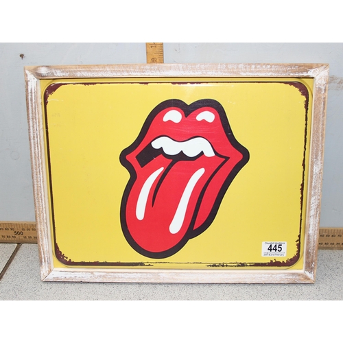 445 - Iconic rectangular framed Rolling Stones ‘tongue and lips’ tin wall sign in distressed limed wooden ... 