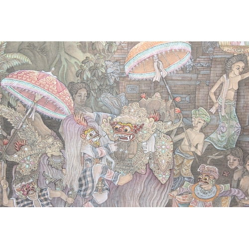 446 - A large Indonesian intricate hand painted on fabric traditional scene of the provincial district of ... 