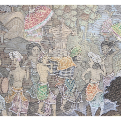 446 - A large Indonesian intricate hand painted on fabric traditional scene of the provincial district of ... 