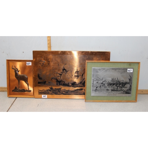 447 - 1960’s engraved copper plate image of the Spanish Armada with astral quartz clock, an engraved image... 