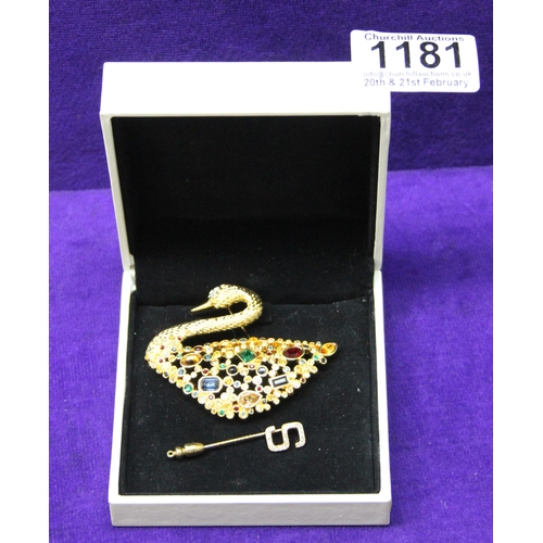 1181 - Swarovski yellow metal jewelled swan brooch & a Swarovski tie pin