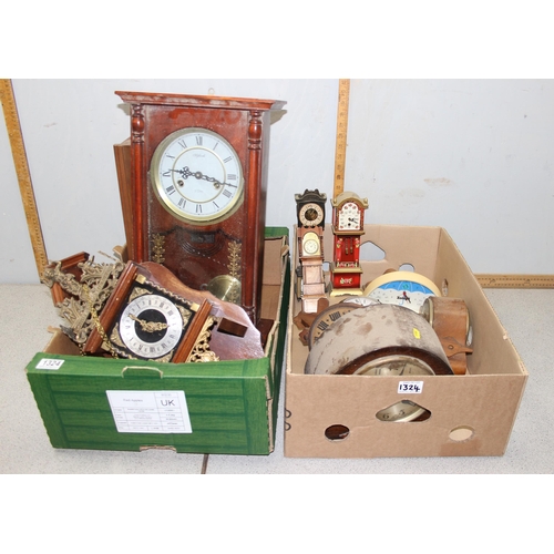 1324 - 2 boxes of assorted clocks to inc an interesting Bott wooden clock etc