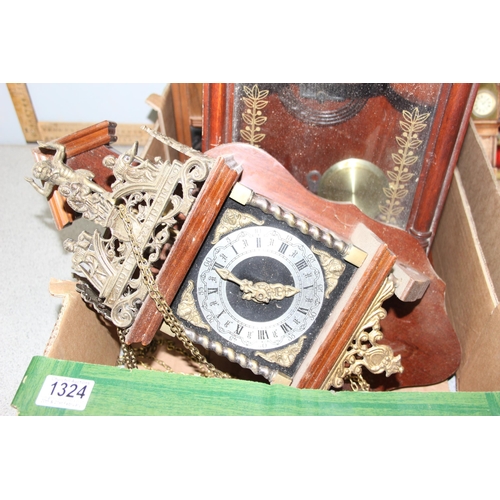 1324 - 2 boxes of assorted clocks to inc an interesting Bott wooden clock etc