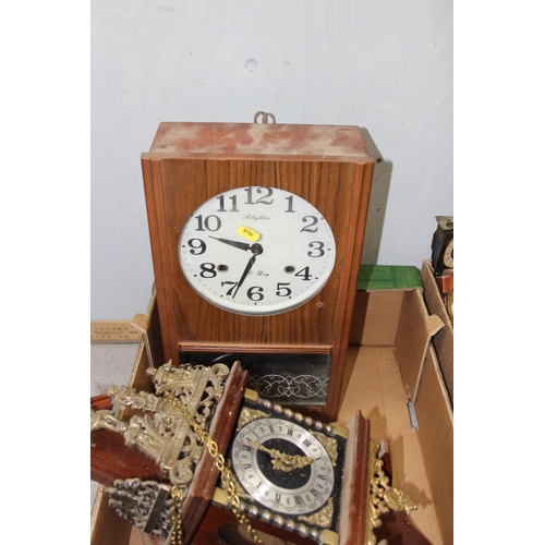 1324 - 2 boxes of assorted clocks to inc an interesting Bott wooden clock etc