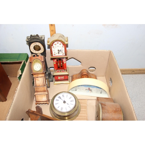 1324 - 2 boxes of assorted clocks to inc an interesting Bott wooden clock etc