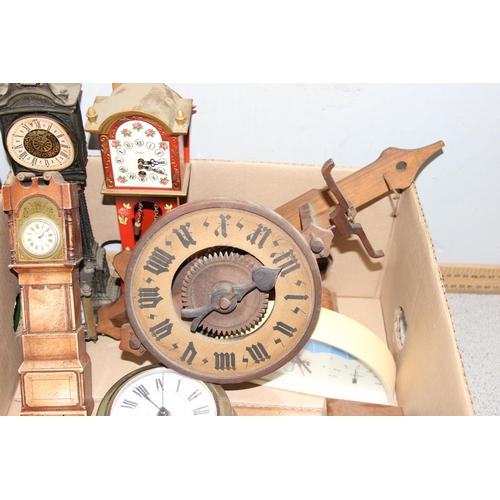 1324 - 2 boxes of assorted clocks to inc an interesting Bott wooden clock etc