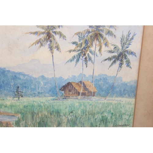 479 - J.R. Charlton (XX), watercolour of a rural Malaysian scene, various notes verso