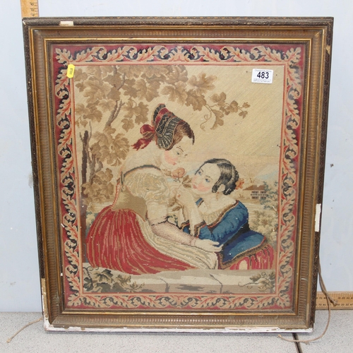 483 - An antique gilt framed tapestry picture depicting 2 young maidens, approx 65cm x 57cm