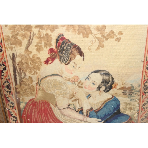 483 - An antique gilt framed tapestry picture depicting 2 young maidens, approx 65cm x 57cm