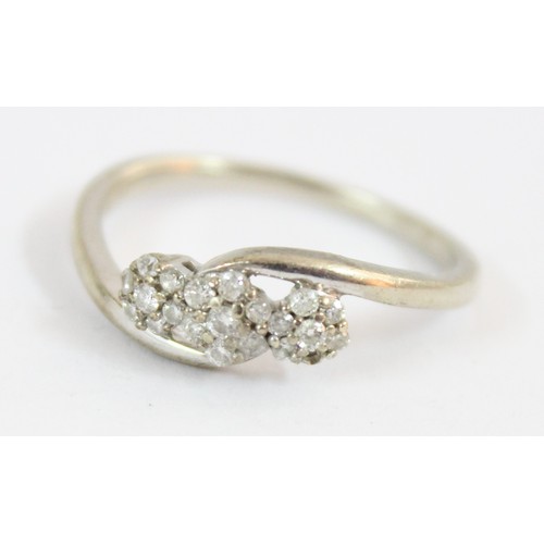 1183 - 9ct white gold and diamond ring with triple floral setting, approx size O, approx 2.05g gross