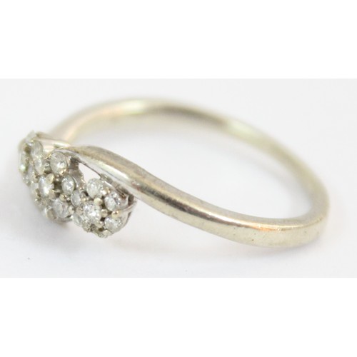 1183 - 9ct white gold and diamond ring with triple floral setting, approx size O, approx 2.05g gross