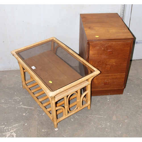 175 - A small glass topped bamboo coffee table and a retro 3 drawer bedside cabinet