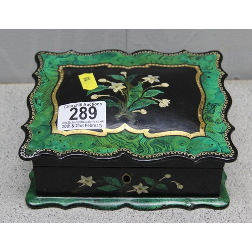 289 - A Victorian papier mache jewellery box with painted flowers and malachite style border, approx 17cm ... 