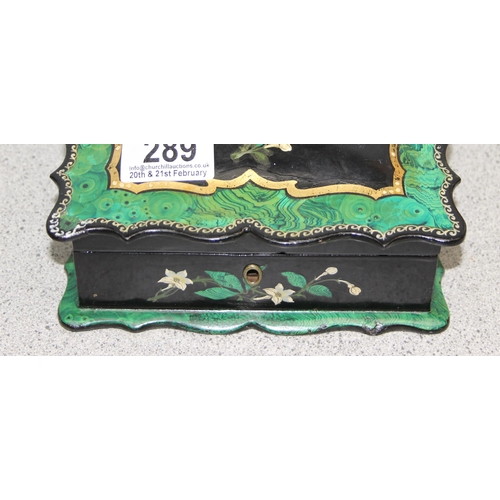 289 - A Victorian papier mache jewellery box with painted flowers and malachite style border, approx 17cm ... 