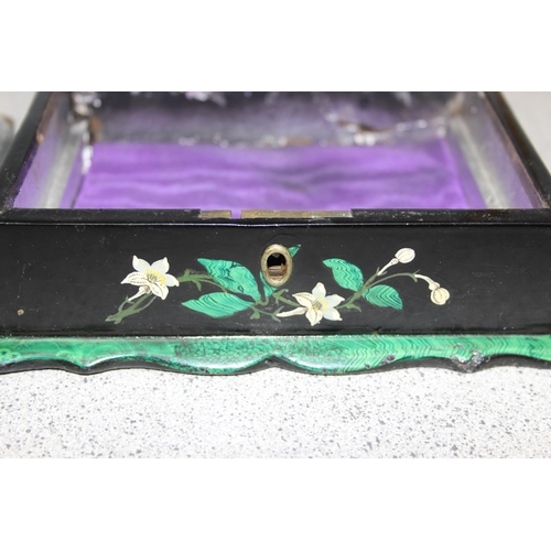 289 - A Victorian papier mache jewellery box with painted flowers and malachite style border, approx 17cm ... 