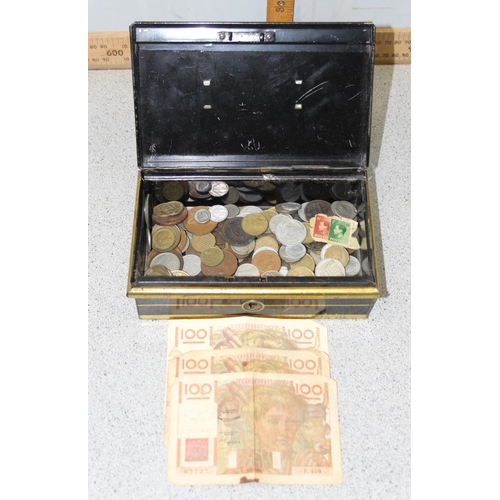 1219 - Qty of assorted mixed British and World coins in cash tin etc