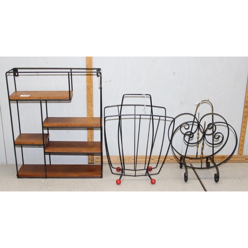 178 - A retro shadowbox style wall shelf and 2 vintage metal magazine racks, one Sputnik style (3)