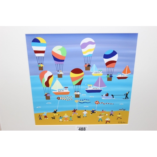 488 - Gordon Barker - British 21st century original acrylic painting of hot air balloons over the seaside,... 