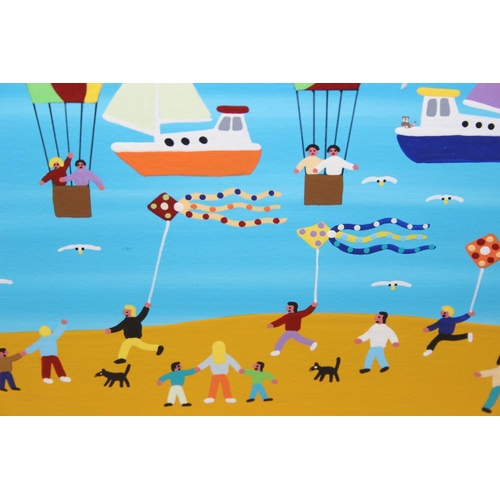 488 - Gordon Barker - British 21st century original acrylic painting of hot air balloons over the seaside,... 