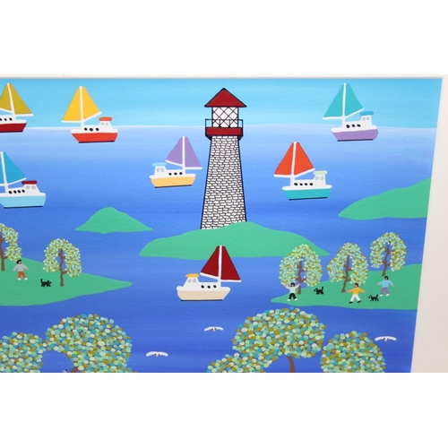 489 - Gordon Barker - British 21st century original acrylic painting of a lighthouse surrounded by yacht's... 