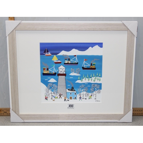 490 - Gordon Barker - British 21st century original acrylic painting of a winter coastal scene, signed low... 