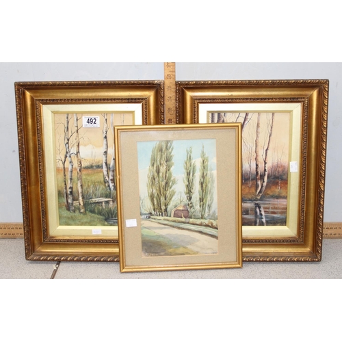 492 - 2 Victorian watercolours of silver birch trees, both signed Burgess Ramsden & one other antique wate... 