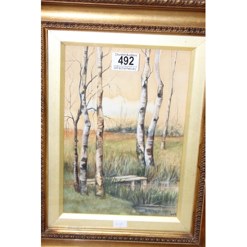 492 - 2 Victorian watercolours of silver birch trees, both signed Burgess Ramsden & one other antique wate... 