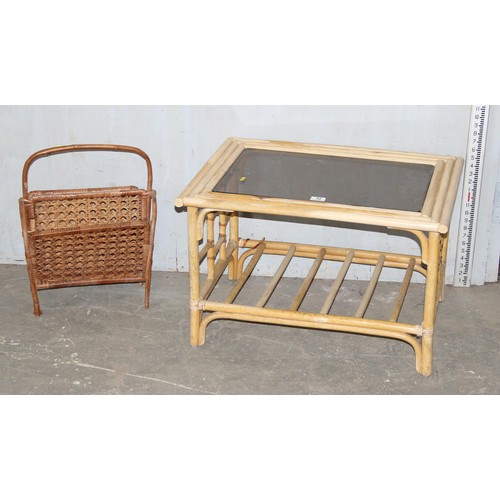 32 - An Aesthetic Movement style bamboo coffee table with glass top and a vintage wicker magazine rack