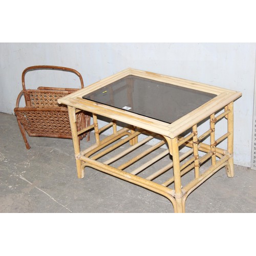 32 - An Aesthetic Movement style bamboo coffee table with glass top and a vintage wicker magazine rack