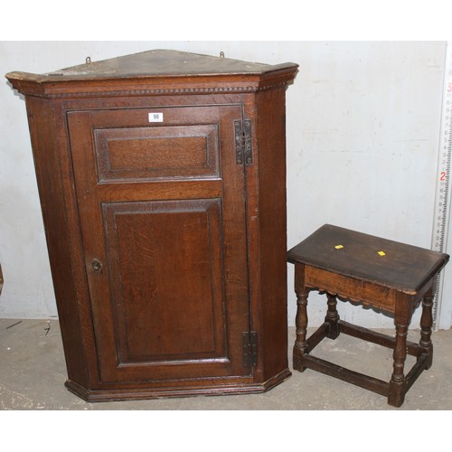 98 - Georgian oak corner cupboard, antique oak stool