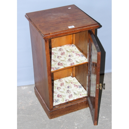 12 - Antique mahogany bedside cupboard with brass handle, approx 40cm wide