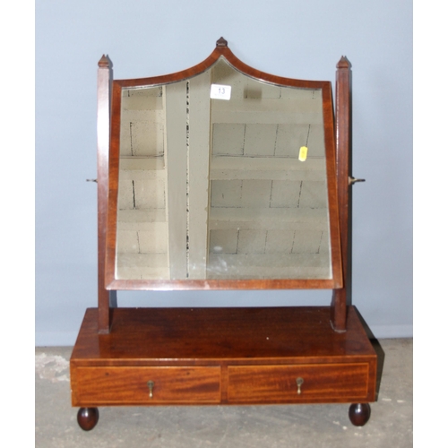 13 - A Victorian mahogany table top mirror with 2 drawers standing on turned feet