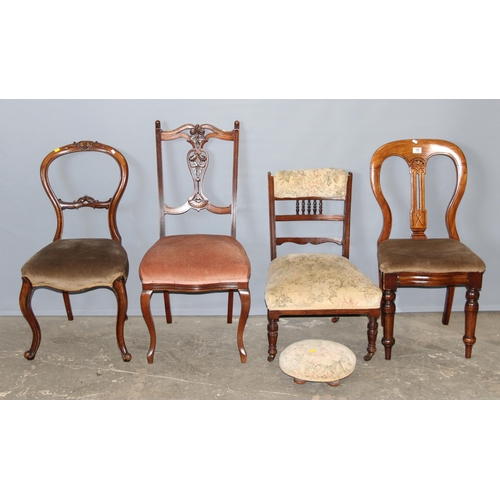 19 - 4 assorted antique chairs and a small circular footstool with bun feet (5 items)