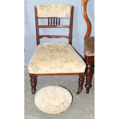 19 - 4 assorted antique chairs and a small circular footstool with bun feet (5 items)