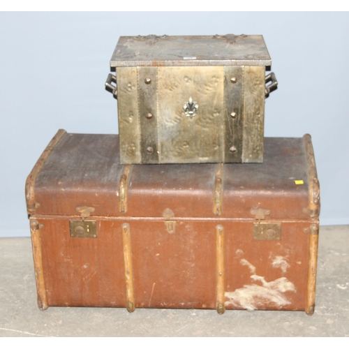 26 - A vintage wooden and canvas trunk and an Arts & Crafts style coal box (2)