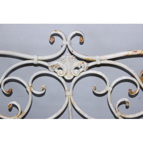 301 - An antique style painted distressed wrought iron garden bench, approx 140cm wide