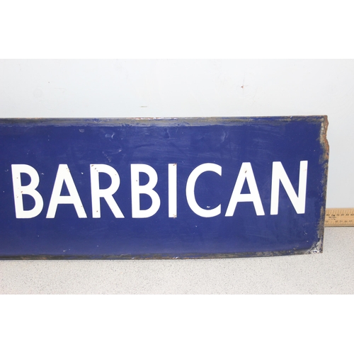 350 - An early/ mid 20th century London Underground enamel station sign for Aldersgate & Barbican, with wh... 