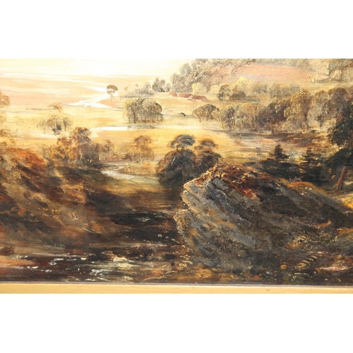 353 - A large antique oil on canvas painting of a landscape with lake in impressive gilt frame, seemingly ... 