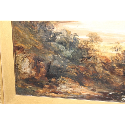 353 - A large antique oil on canvas painting of a landscape with lake in impressive gilt frame, seemingly ... 