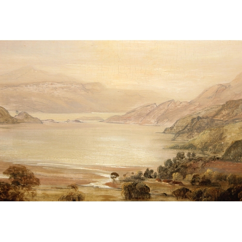 353 - A large antique oil on canvas painting of a landscape with lake in impressive gilt frame, seemingly ... 