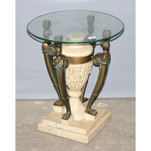 5 - An Egyptian style glass topped pedestal or side table decorated with bronzed figural struts, the top... 