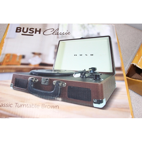 752 - 2 Bush classic turntables, 1 brown 1 teal & a Bush CD micro hifi