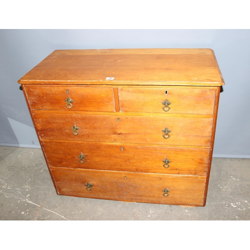 28 - Antique pine 2 over 3 chest of drawers with brass handles, approx 104cm wide